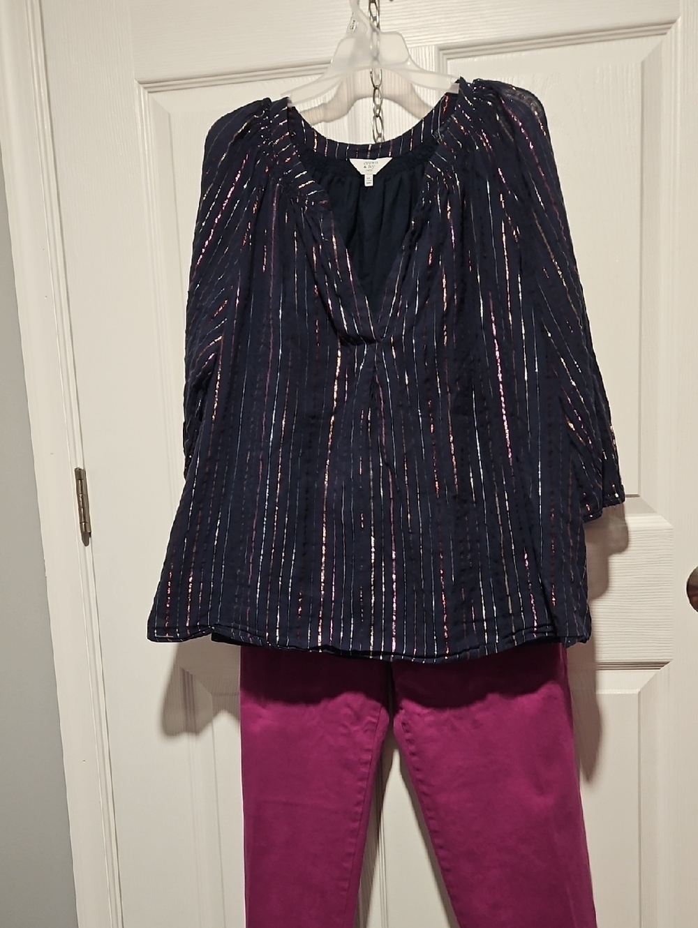 Crown And Ivy Navy Blouse with Metallic Vertical Stripes